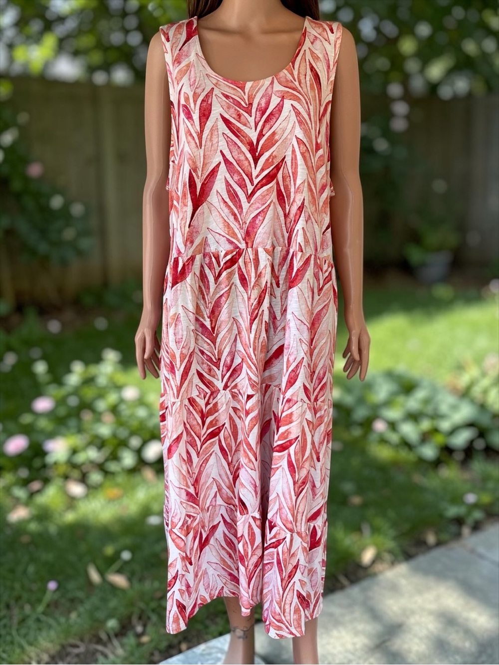 D&Co Beach Linen Blend Tiered Midi Dress 2X Tropical Leaf Print Pockets